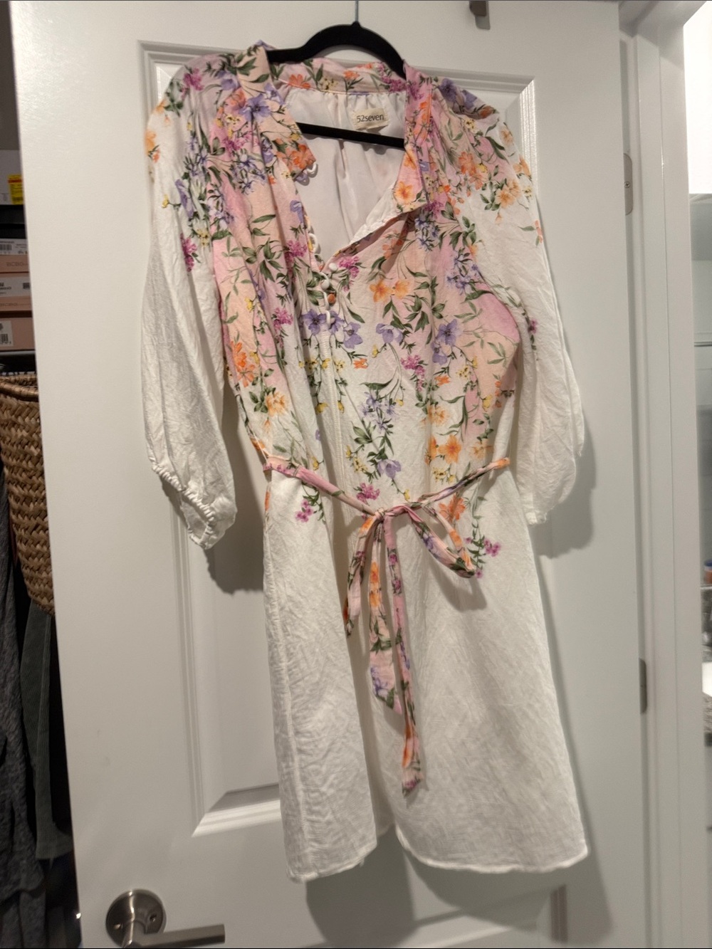 White Midi Dress with Pastel Floral Print and Tie Waist